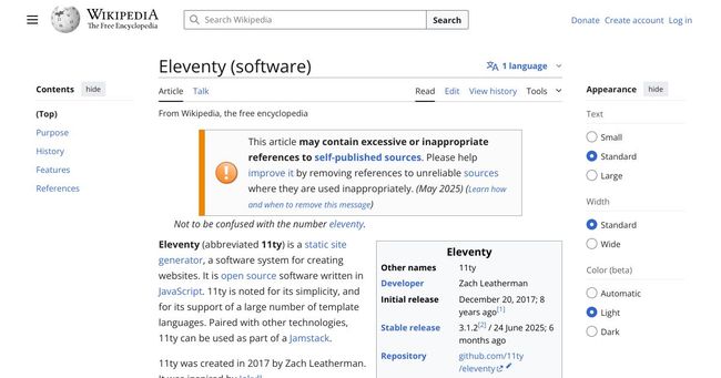 A screenshot of the Wikipedia page for Eleventy